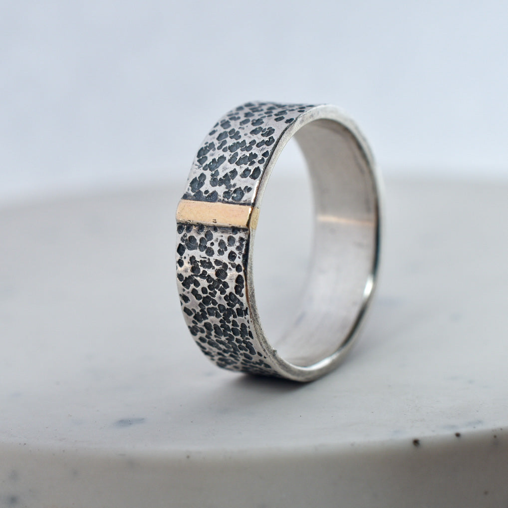 Gold Bar Textured Silver Ring