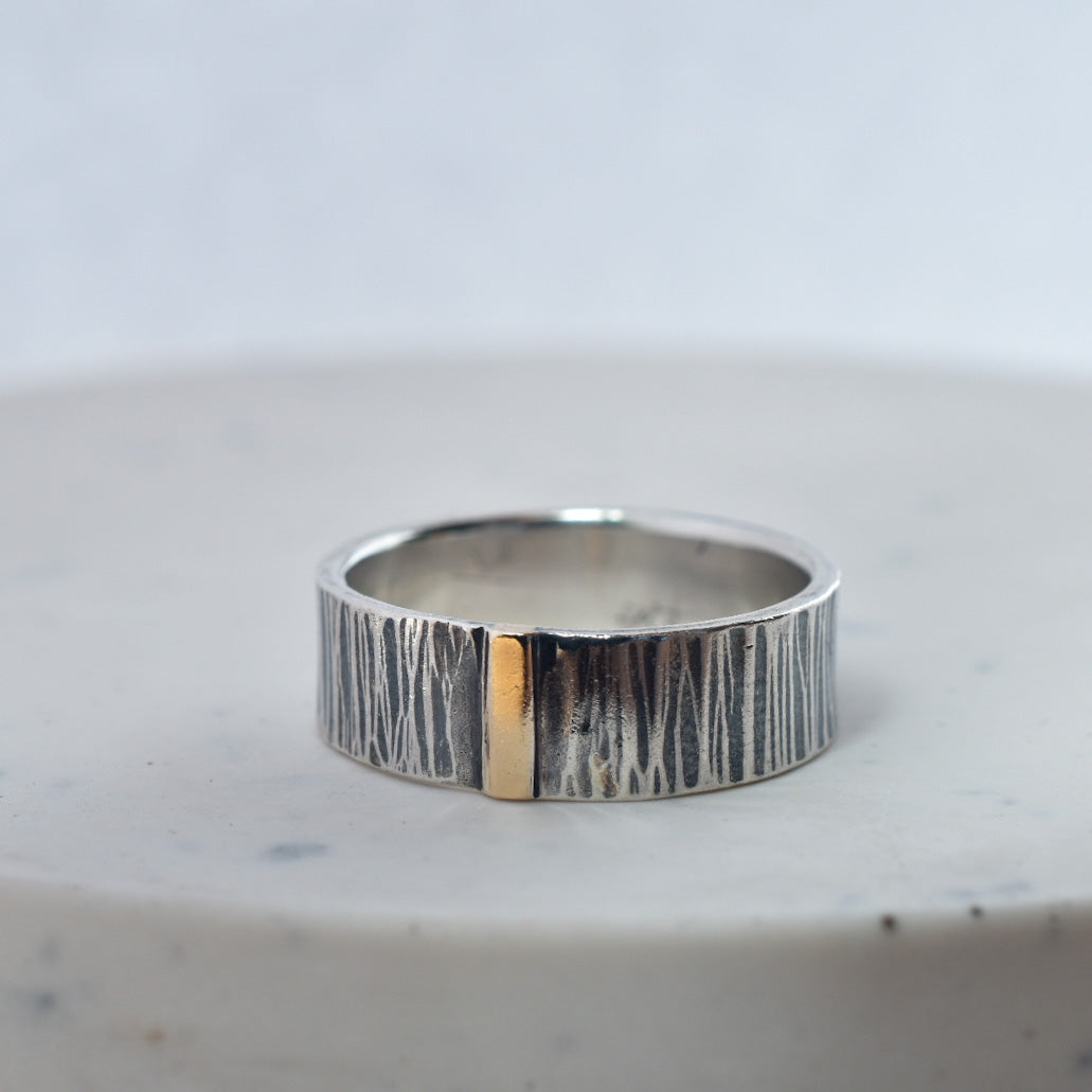 Gold Bar Textured Silver Ring