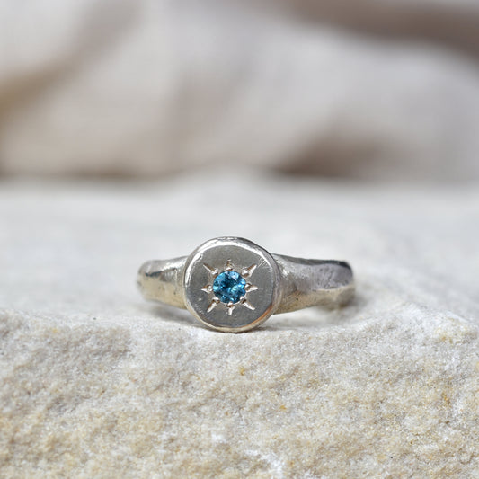 Sand cast Silver Ring with Blue Topaz Size M - Paisley Pins